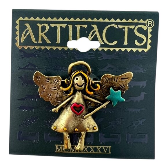 Artifacts JJ Jewelry - Artifacts JJ Angel Godmother Fairy Brooch Pin 1986 Gold Tone Red Heart Wand NEW